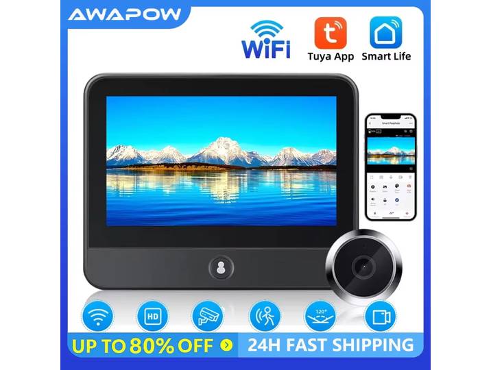 Awapow Tuya sonnette Radar sans fil Wifi porte Peepholes caméra détection de mouvement PIR 1080P Vision nocturne 4.3 pouces Rechargeable