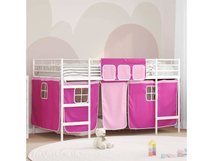 Lit mezzanine pour enfants - - Blanc et rose - Métal - 90x190 cm - Rideaux inclus - Respirant