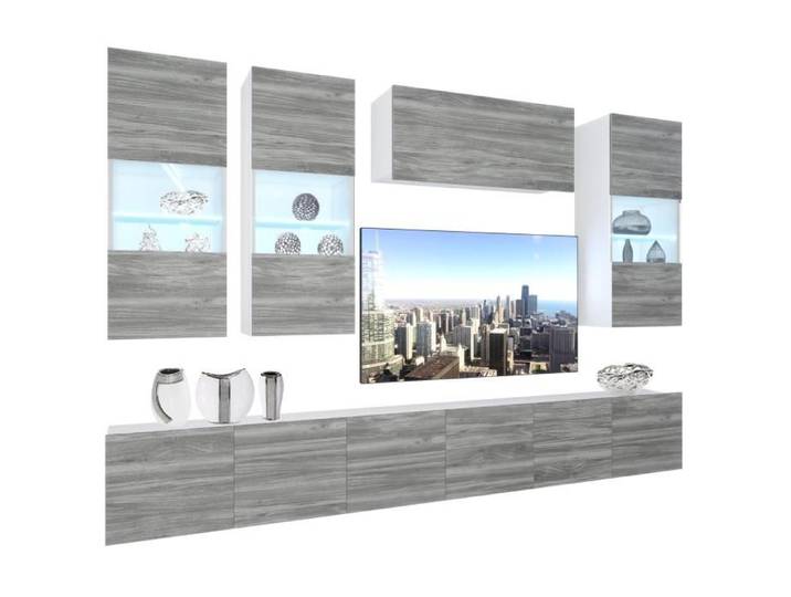 Unité Murale TV - BELINI - NEX 5-0-W-GW1-0-0-PP - Chêne Glamour - LED Multicolore - Design Contemporain