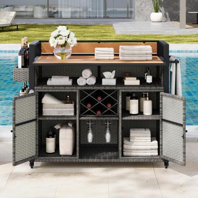 CARMORICO "52.8""W Wicker Outdoor Grill Cart - Extended Plastic Wood Table Top, Rolling Kitchen Island"