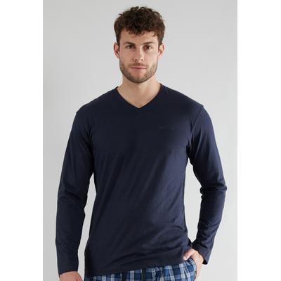 Pyjamaoberteil GÖTZBURG "New York", Herren, Gr. S, blau (navy), Single Jersey, Obermaterial: 100% Baumwolle, unifarben, bequem hüftlang, V-Ausschnitt, Shirts Schlafshirt, V-Ausschnitt, Langarm, unifarben, weich, bequem, Baumwolle