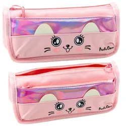 Federmäppchen für die Schule mit Katze, zwei Taschen, Rosa, 21,5 cm