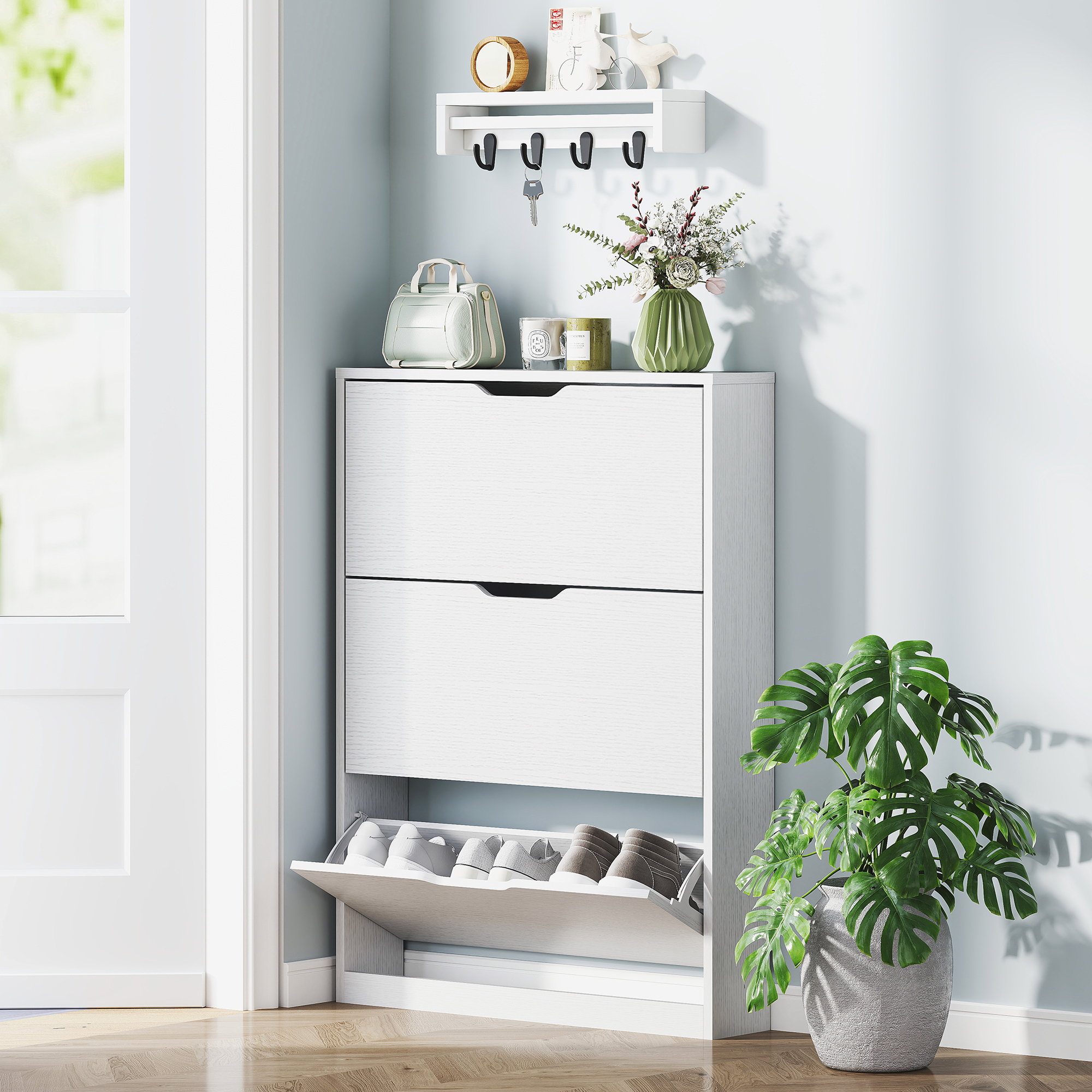 Homcom Scarpiera Slim a 3 Cassetti Ribaltabili con Intaglio Inferiore, in Legno, 80x17x108 cm, Bianco   Aosom Italy