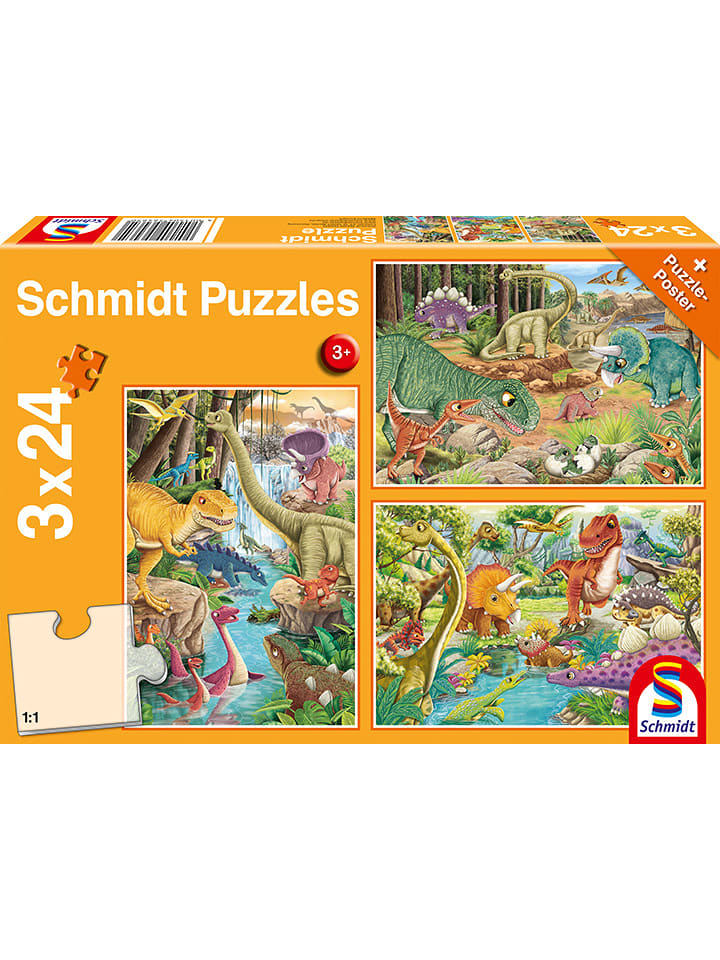 Schmidt Spiele 3x 24tlg. Puzzle "Spaß mit den Dinosauriern" - ab 3 Jahren - onesize