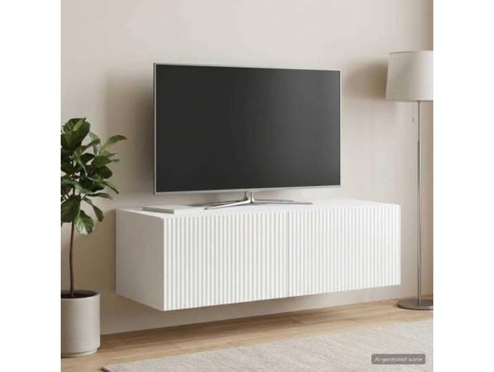Wandmontierter TV-Schrank 98 x 41 x 30 cm Hochglanz Weiß mit Drehtüren Holzwerkstoff, 90-Grad-Drehtüren, wandmontiert, Bodenplatz sparend, Wohnzimmer, feucht abwischbar