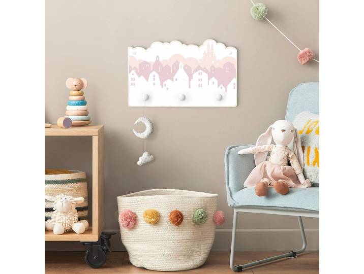 Kindergarderobe Wolkenschloss 40 x 25 x 1cm Pink/Weiß/Rosa