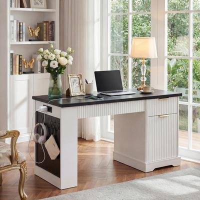 Aura "55"" Modern Fluted Executive Desks with Storage Cabinet & Drawers, Computer Writing Desk with Power Outlet"