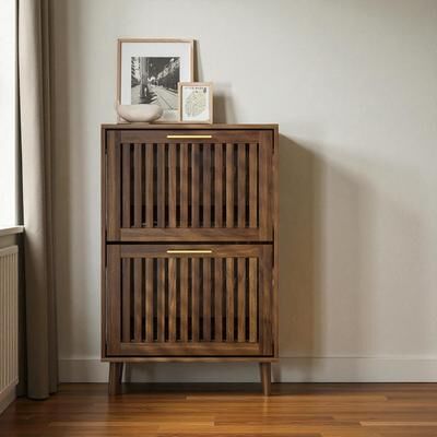 Fundinbaths "23.6"" Walnut Shoe Cabinet with 2 Flip Drawers, Mid-Century Modern Freestanding Shoe Storage Organizer for Entryway"
