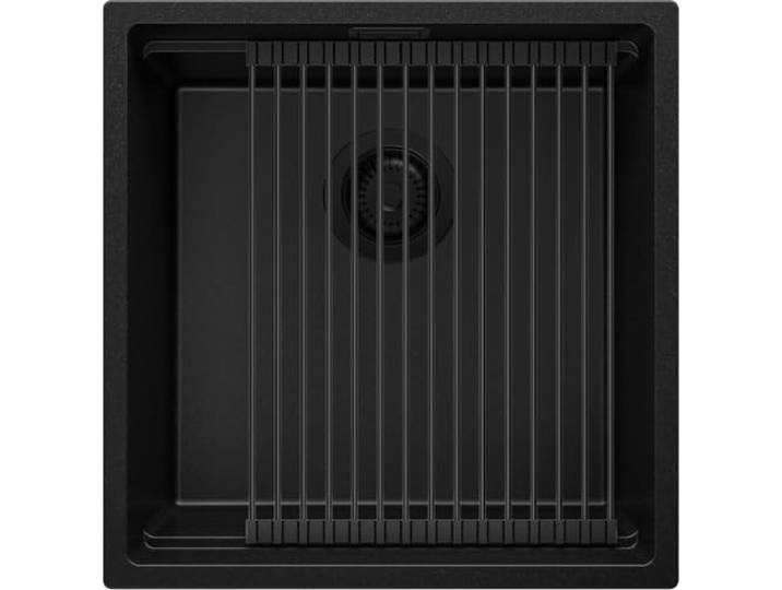 PRIMAGRAN Unterbauspüle ab 50er Unterschrank + Ablauf-Set, 46x47cm Set: Ablauf-Set (Siphon, Ablaufgarnitur, Überlauf) + Abtropfmatte + Spülbecken 1 Becken - Prag Level, Alles Schwarz