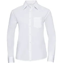 Russell Collection Klassische Baumwollmischgewebe Popeline Bluse - Langarm, white, XS