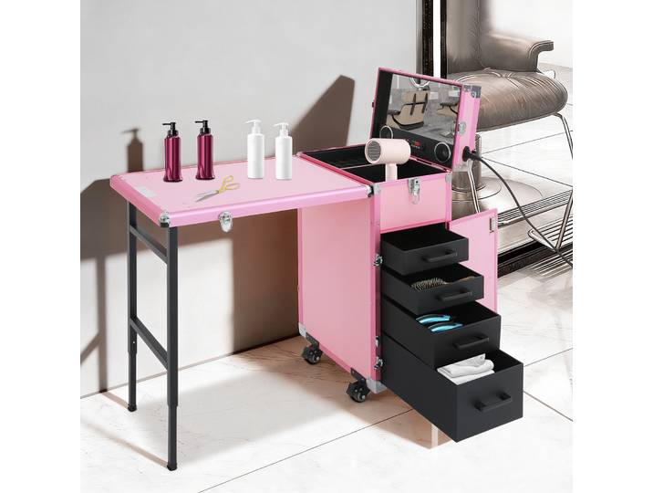 Table de manucure roulante, chariot de rangement cosmétique avec plateau de travail pratique et verrouillage fixe, mallette de maquillage pour usage extérieur