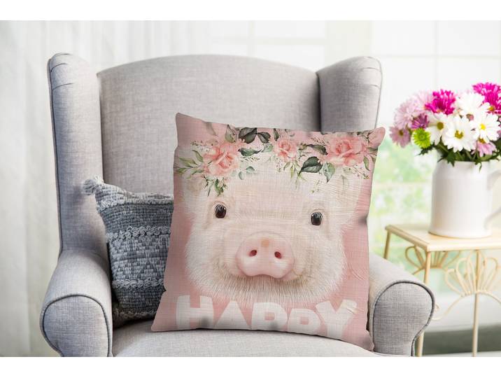 Dekokissen QUEENCE Barney , rosa (rosa, bedruckt), B:40cm L:40cm, Polyester, Dekokissen_Sitzkissen_Kissenhüllen, Dekokissen, süßes Schweinchen