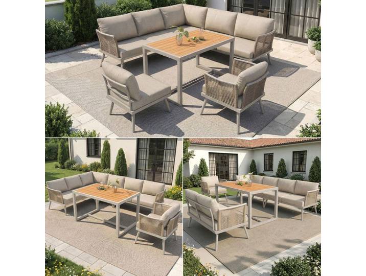 Mobilier de balcon ou de terrasse pour sept personnes canapé de jardin en forme de L avec table basse et fauteuil en bois beige