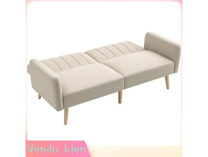 LIA Canapé convertible scandinave beige lin 2 places dossier inclinable 3 pos pieds bois