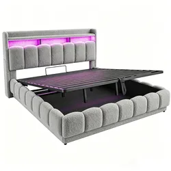 OKWISH Polsterbett aus Stoff in Grau 180x200 cm mit hydraulischem Stauraum, LED-Lichtleiste, USB-Anschluss und Steckdose