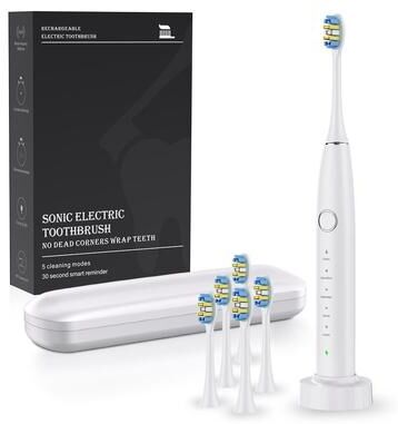 CaseAndConnect Sonic Electric Toothbrush Rechargeable IPX7 Waterproof USB Toothbrush With 6 Brush Heads white