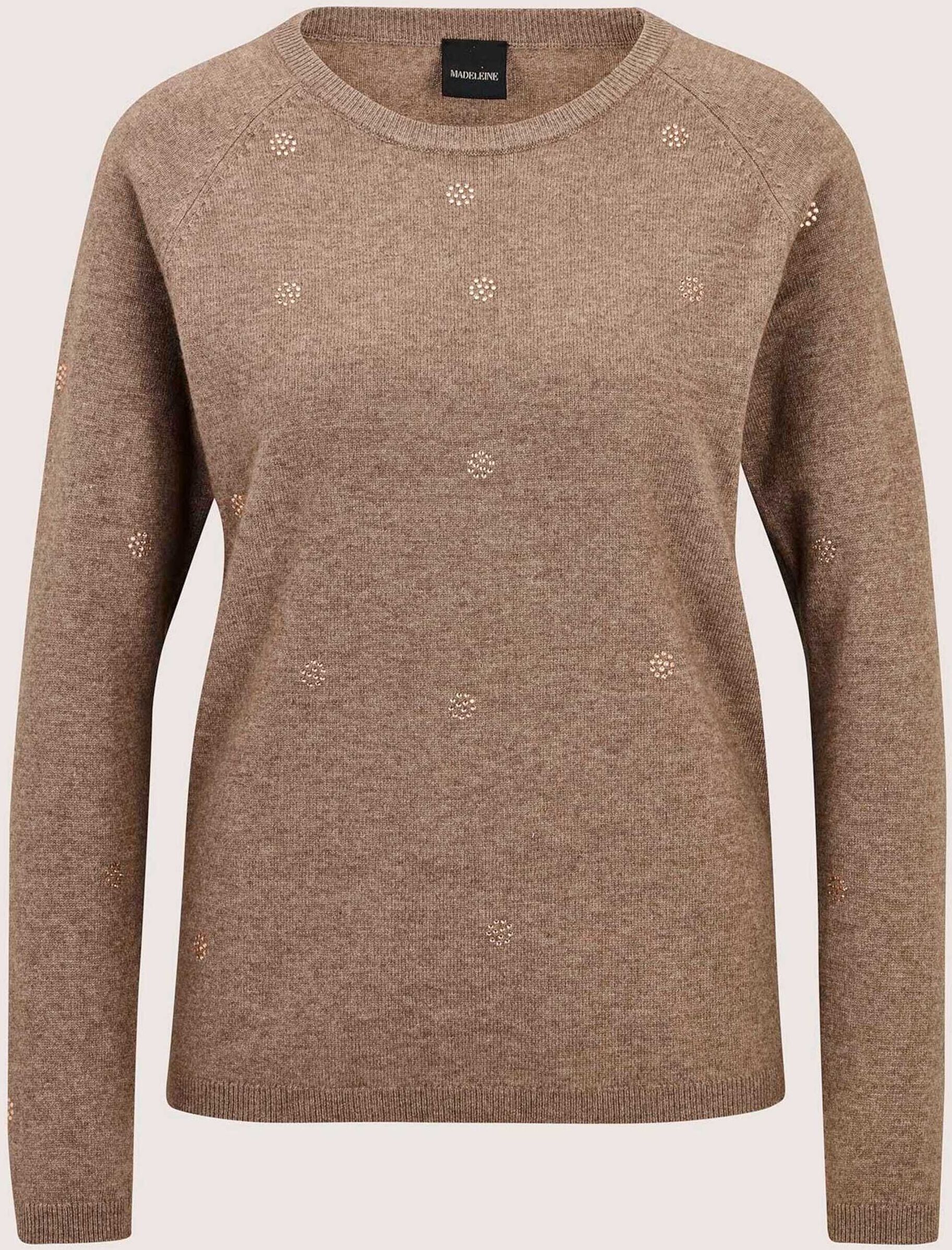 Longpullover MADELEINE "Pullover Strickpullover mit Blütensteinen", Damen, Gr. 36/38, taupe, melange, Modern, regular fit, Pullover Longpullover
