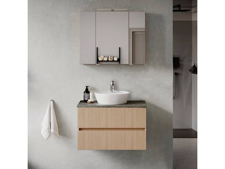 Badset 2-teilig Aufsatzbecken 80 x 200 x 47cm Braun/Eiche hell Dekor/Steinoptik dunkel