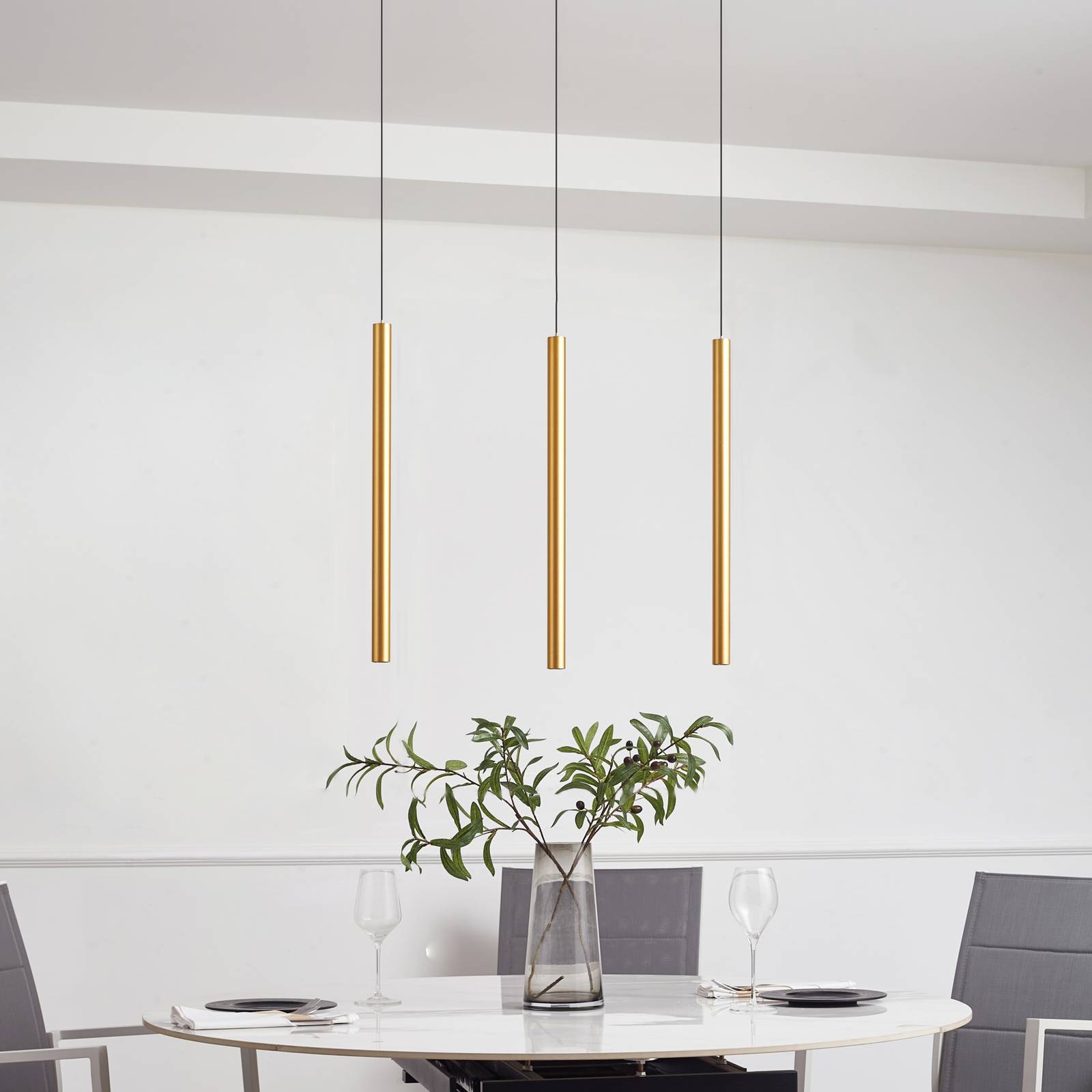 Schienensystem 48V Lumaro, Pendel, Röhre, 3-flg., gold, CCT Lumaro Lindby, dimmbar, für Wohn- / Esszimmer, Metall, Modern