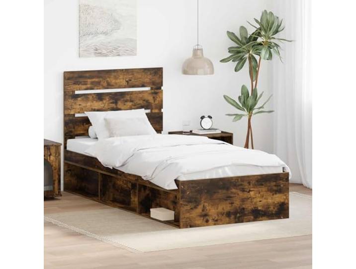 RJPLMFV Bettgestell, rauchfarbene Eiche, 90 x 200 cm Kopfteil aus massivem Kiefernholz, Holzkonstruktion, feste Lattenstruktur, minimalistischer Stil