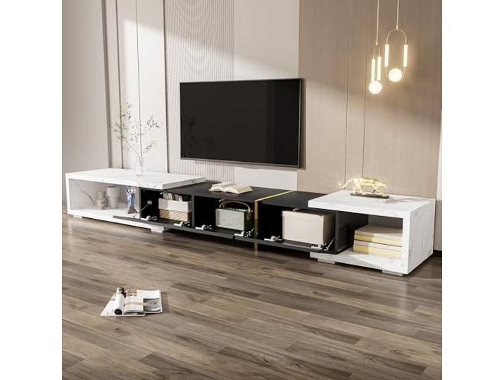 boorbin Moderner TV-Schrank mit Variabler Länge (140-260 cm), drehbarer Funktion, Marmoroptik,Hochglanz-Matt-Finish und goldenen Verzierungen (Schwarz + Weiß)