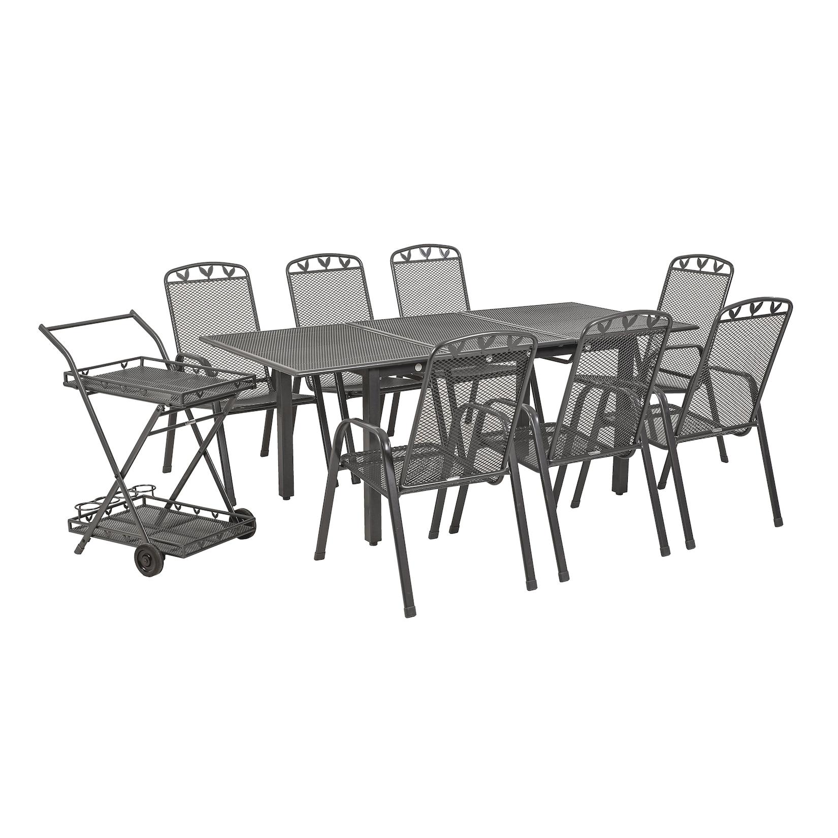 Gartentischgruppe Toulouse, 9-teilig, ausziehbar, stapelbar, Servierwagen, Eisenstahl, Kunststoffummantelung, Streckmetall-Design, eisengrau, mit Blatt-Applikationen