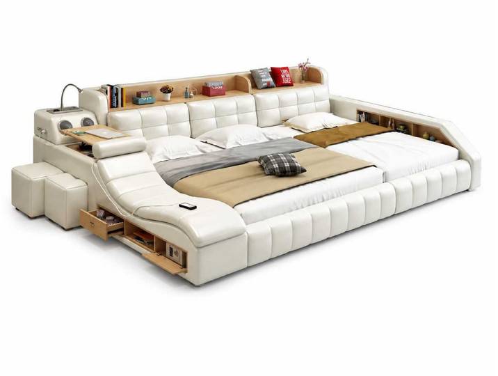 JVmoebel Multimediabett Modernes XXL Bett in Weiß mit Kopfteil und praktischen Funktionen (1-tlg., 1-tlg), Massagefunktion, Tresor, Ablagen, Kopfteil mit Stauraum