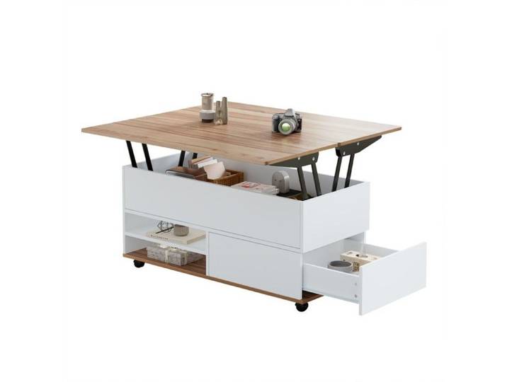 Table Basse Blanc Bois Naturel 100x98x65cm - Hauteur Réglable Roulettes Tiroirs Rangement Étagère Multifonctionnelle Salon Manger