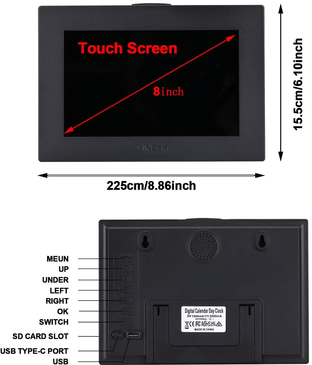 SnelShoppen Touch Screen Dementie Alarm Klok 2025 - Digitale Klok met 8 inch Display en Sprekende Kalender voor Ouderen