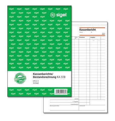 Kassenbericht Sigel KA518, mit Bestandsrechnung, DIN A5 hoch, 50 Blatt