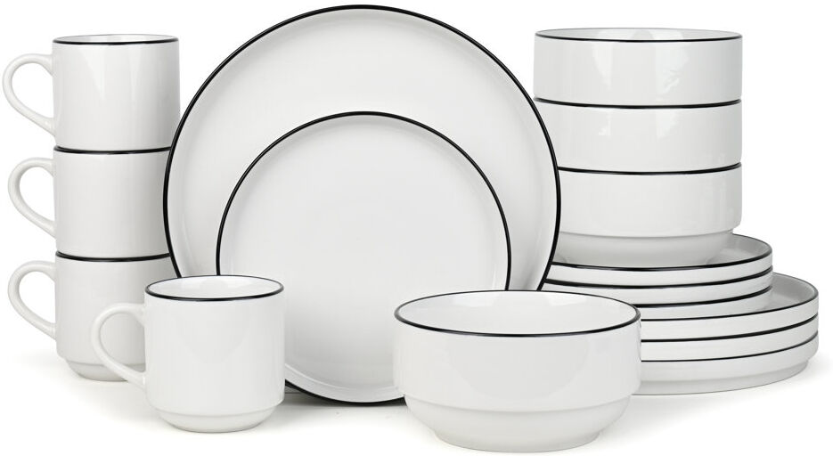 Waterside 16pc Stackable Black Rim Porcelain Dinner Set White 16