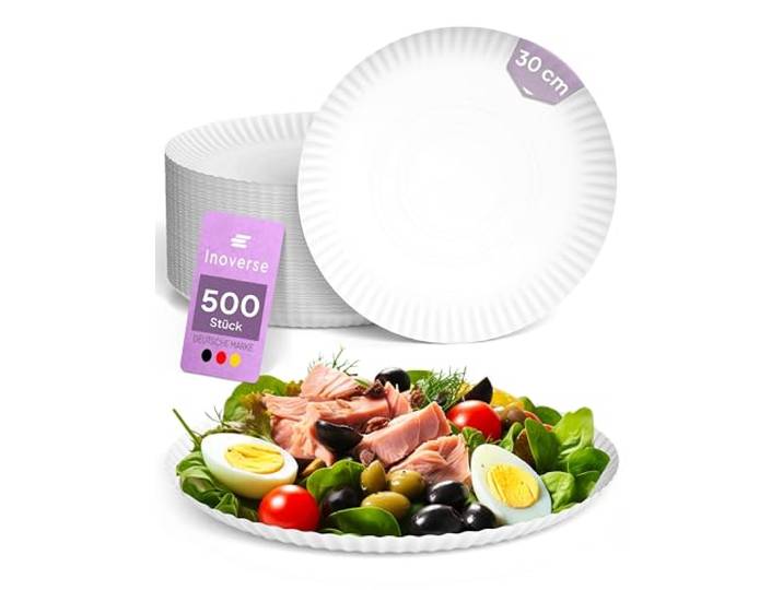 Inoverse Pappteller groß 30 cm Rund, 500 Stück, Einwegteller Weiß Umweltfreundlich, Tortenteller, Pizzateller, Einweggeschirr, für Kuchen, Waffeln und Snacks, für Feiern, Vereine, Buffet