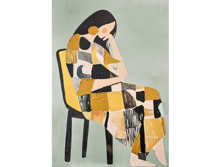 STYLER Leinwandbild Penelope 70 x 100 cm – Abstraktes Frauenporträt in Ocker & Schwarz – Modernes Faces in Color Canvas-Handpainting Wandbild