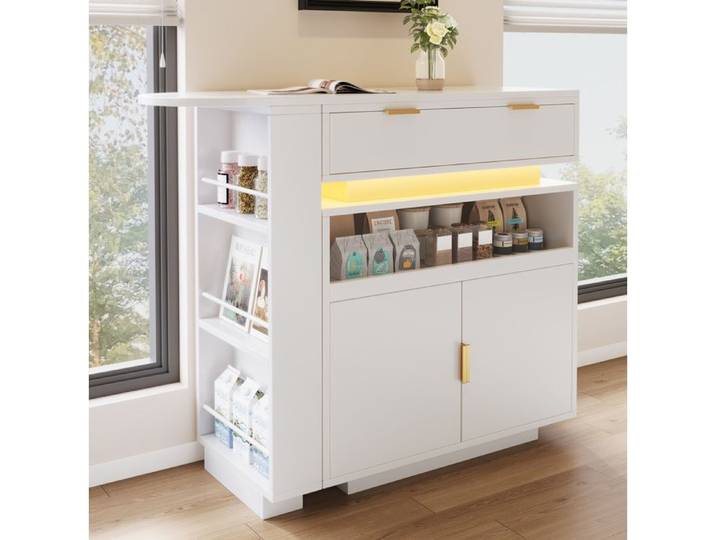 Table de bar extensible pivotant 360° 115-183x40x99.5 cm avec rangement plateau rotatif LED MDF blanc