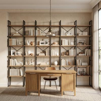 Davee Furniture "Extra Large Industrial 6-Tier Bookshelf, 142"" Wide Wood and Metal Open Display Shelving Unit - 85''H x 142''W x 12.6''D"