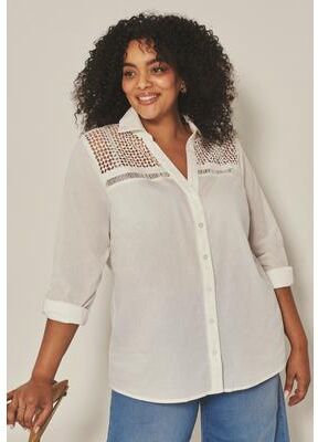 Plus Size Women's Long Sleeve Lace Detail Shirt by Avenue in White (Size 14)
