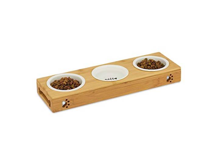 Relaxdays 10028853_59 Gamelle Triple en Bambou\, Bols en céramique\, Eau et Nourriture\, adapté pour Le Lave-Vaisselle\, Naturelle\, Nature\, 1
