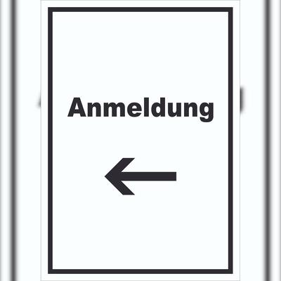 HB-Druck Anmeldung Schild mit Text und Richtungspfeil links Aufnahme hochkant A0 (841x1189mm)