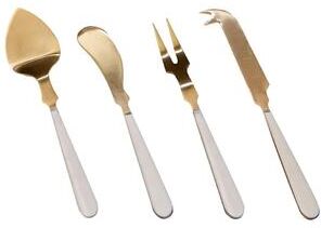 BIDK Home Set of 4 Gold Cheese Set w/ White Resin Handles in Giftbox - Gold & White
