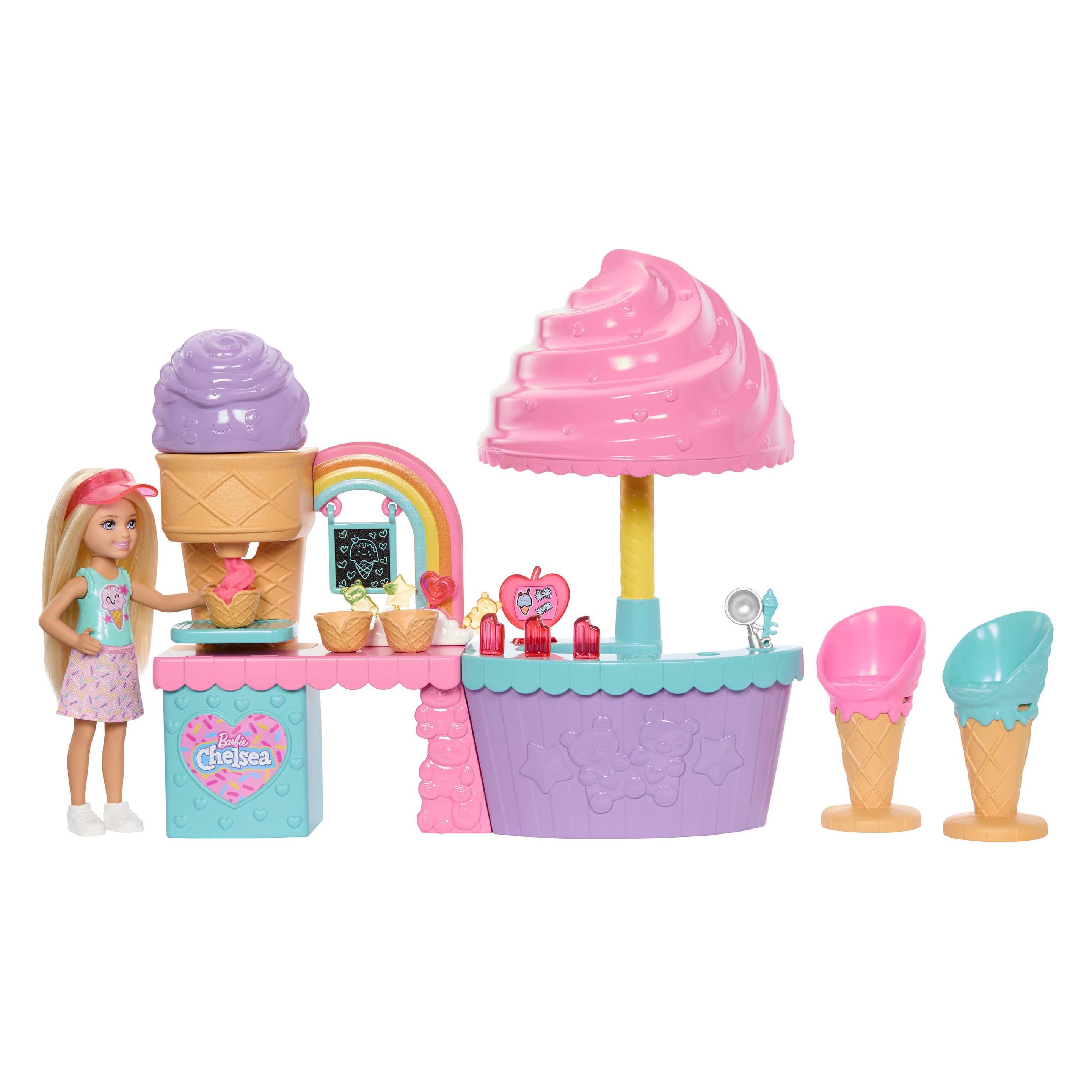 Barbie Chelsea Eisstand-Spielset mit Chelsea-Puppe, Eismasse in 2 Farben und Zubehör (JMJ42)