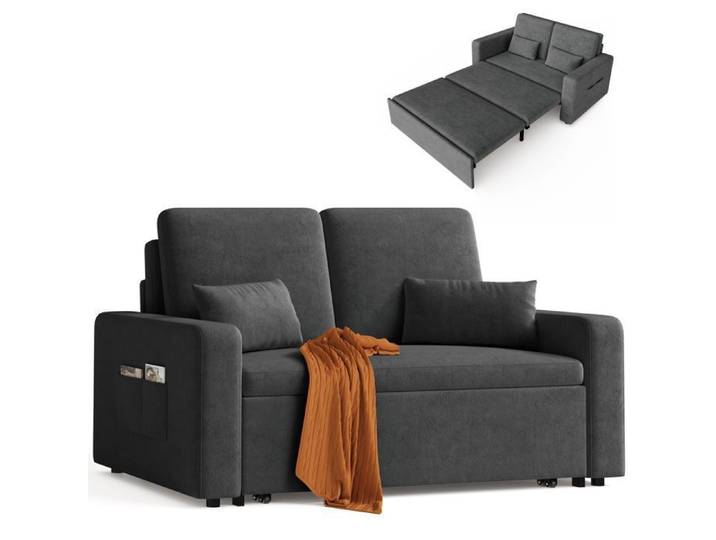 Canapé Convertible - Bealife - Canapé Lit 2 Place - 2 Oreillers - 2 Poches Latérale - Réversible - Tissu Chenille Gris
