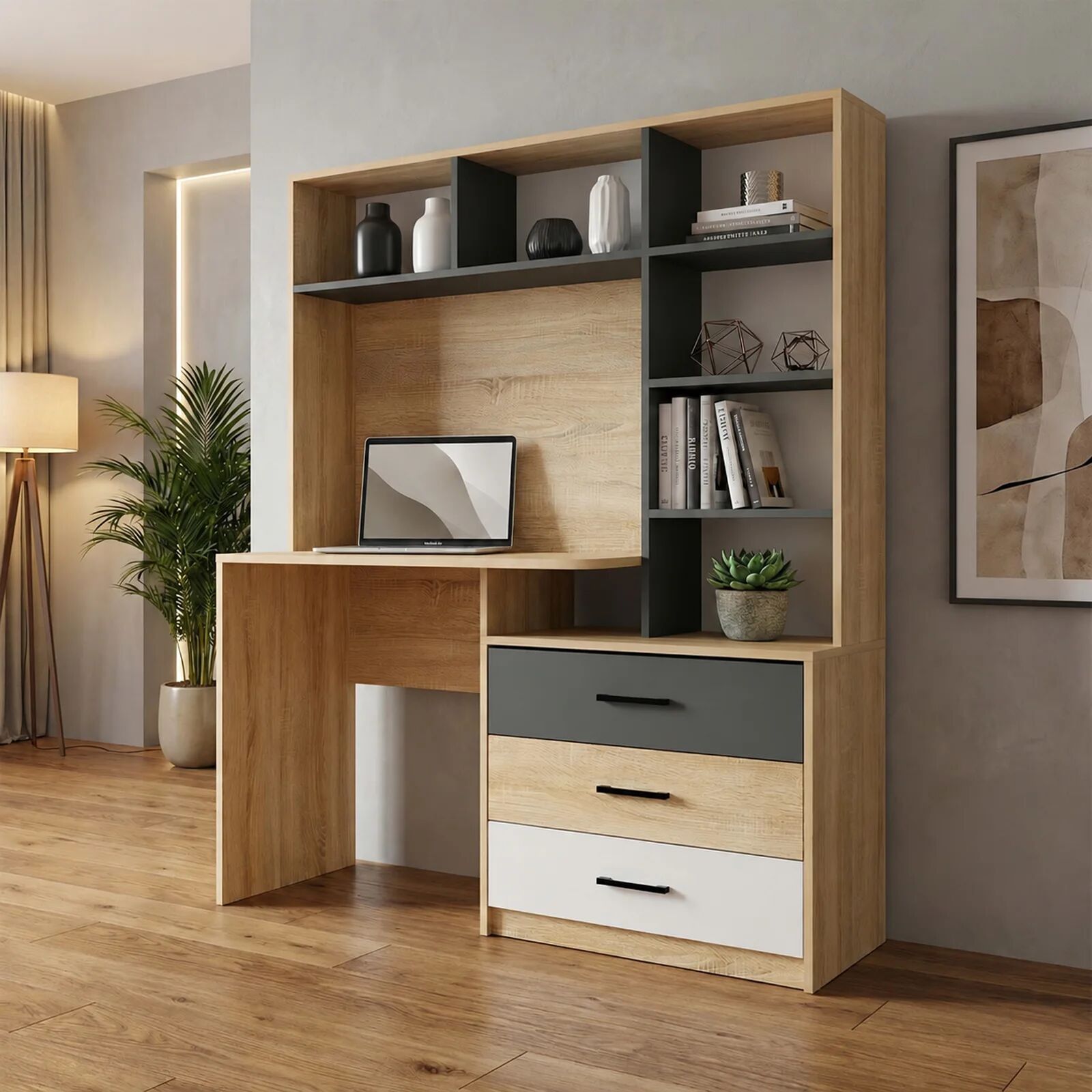 garneroarredamenti Scrivania 130x53cm moderna con cassetti rovere antracite bianco Chiaretto