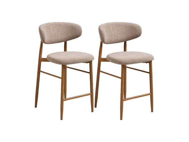Eddie - lot de 2 tabourets en tissu texturé - pieds en acier effet bois - Bois / Beige