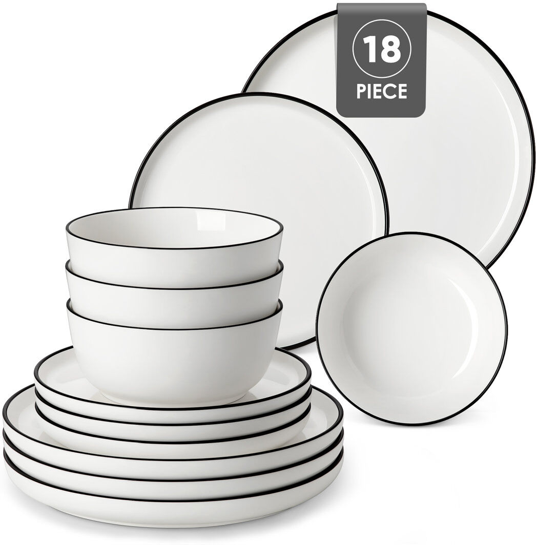 MALACASA Porcelain China Dinnerware Set 18 Piece - Service for 6 Black/White/Ivory 18