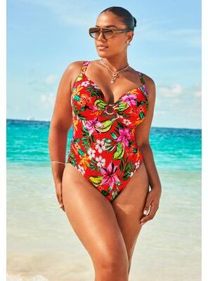 Plus Size Women's Shimmer Ring Underwire One Piece Swimsuit by Swimsuits For All in Ruby Tropical (Size 12)