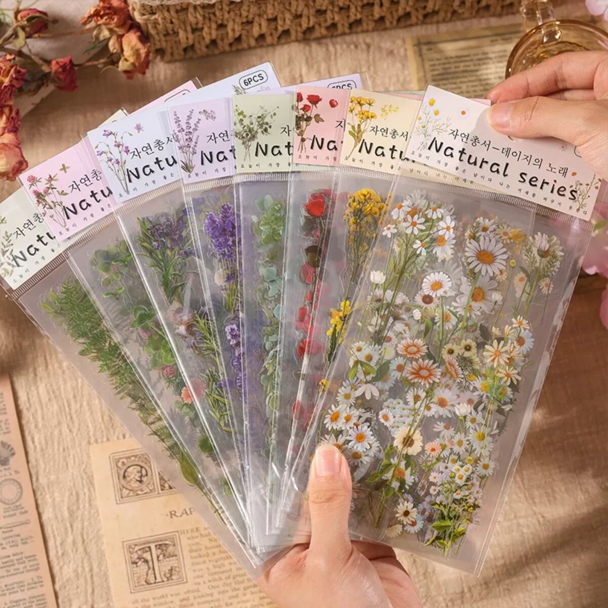 INF Spring Scenery Botanische Vintage Blumen-Journal-Aufkleber - PET, dünnes 5er-Mischset, 10cm x 18cm