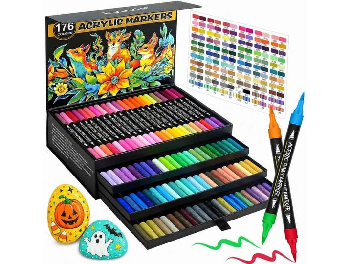 Acrylstifte Set 176 Farben Pinselspitze Wasserfest, Mehrfarbig, Kunststoff, 20.3x9x28 cm, Dekoration, Malbedarf & Bastelbedarf
