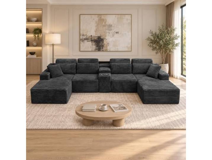 Großes U-förmiges modulares Sektionalsofa für Wohnzimmer, ohne Knochen Übergroße 6-Sitzer-Tiefe Cord-Couch mit Getränkehaltern, modernes Lounge-Sofa aus komprimiertem Memory-Schaum