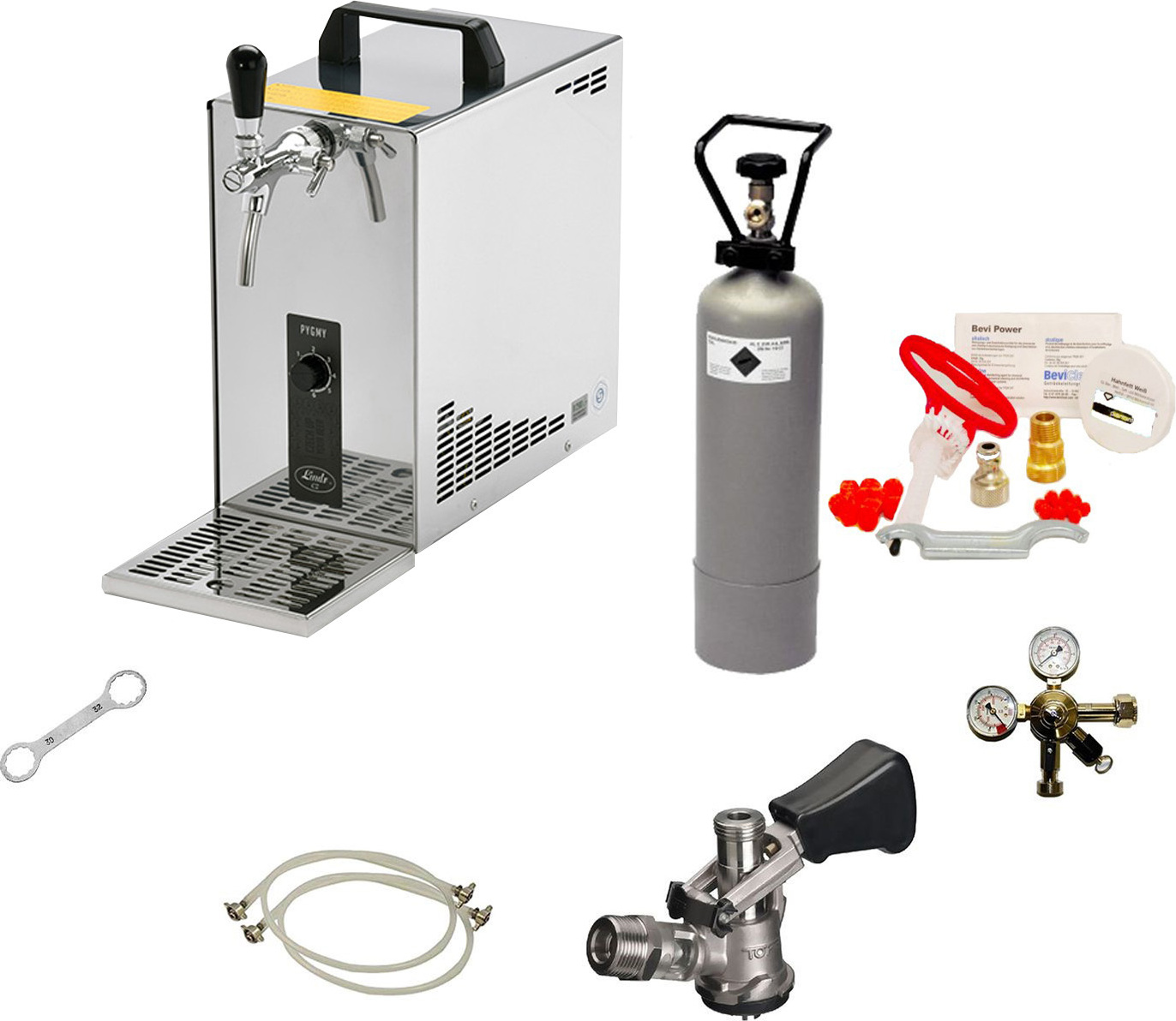 Komplett Set - Zapfanlage, Bierzapfanlage, Bierkoffer, Durchlaufkühler PYGMY 25 1-leitig Trockenkühler, 30 Liter/h, Reinigungsset für Zapfanlage und Keg, Zapfkopf:Dreikant