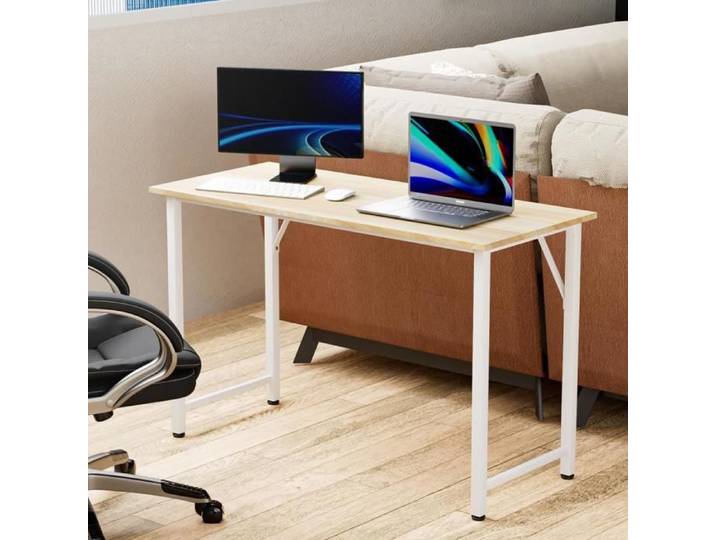 LVHCMFOHM Bureau Moderne 100x50cm avec Support Écran Cadre Métallique Blanc Hauteur 75cm Capacité 150kg Couleur bois